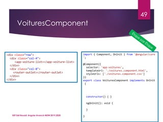 VoituresComponent
ISET Sidi Bouzid: Angular Avancé-MDW 2019/2020
49
<div class="row">
<div class="col-4">
<app-voiture-list></app-voiture-list>
</div>
<div class="col-8">
<router-outlet></router-outlet>
</div>
</div>
import { Component, OnInit } from '@angular/core
';
@Component({
selector: 'app-voitures',
templateUrl: './voitures.component.html',
styleUrls: ['./voitures.component.css']
})
export class VoituresComponent implements OnInit
{
constructor() { }
ngOnInit(): void {
}
}
 