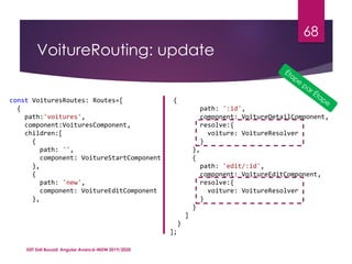 VoitureRouting: update
ISET Sidi Bouzid: Angular Avancé-MDW 2019/2020
68
const VoituresRoutes: Routes=[
{
path:'voitures',
component:VoituresComponent,
children:[
{
path: '',
component: VoitureStartComponent
},
{
path: 'new',
component: VoitureEditComponent
},
{
path: ':id',
component: VoitureDetailComponent,
resolve:{
voiture: VoitureResolver
}
},
{
path: 'edit/:id',
component: VoitureEditComponent,
resolve:{
voiture: VoitureResolver
}
}
]
}
];
 