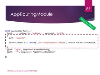 AppRoutingModule
ISET Sidi Bouzid: Angular Avancé-MDW 2019/2020
85
const appRoutes: Routes=[
{path: '', redirectTo: 'voitures', pathMatch:'full'},
{
path:'voitures’,
loadChildren: ()=>import('./voitures/voitures.module').then(m =>m.VoituresModule)
}
{path:'login', component:AuthComponent},
{path: '**', component: PageNotFoundComponent}
];
 