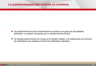 Le positionnement des salariés en échelons Ce positionnement se fait conformément aux textes et ne pose pas de problème particulier. Le support vous guide par un questionnement binaire. Ce double positionnement en niveau et en échelon réalisé, il ne restera plus qu’à envoyer les notifications aux salariés et à faire les vérifications salariales. 