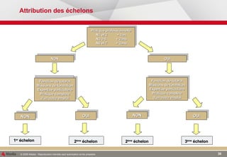 Attribution des échelons NON NON 1 er  échelon   Pratique professionnelle N1 et 2  + 1an N3 à 5 + 2ans N6 et 7 + 3ans OUI Fonction de tutorat Missions de formation Expertise particulière Pratique complète d'un autre emploi OUI 2 ème  échelon  2 ème  échelon  3 ème  échelon  Fonction de tutorat Missions de formation Expertise particulière Pratique complète d'un autre emploi NON OUI 