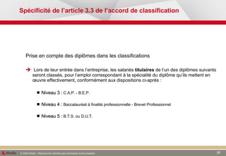 Spécificité de l’article 3.3 de l’accord de classification Prise en compte des diplômes dans les classifications Lors de leur entrée dans l’entreprise, les salariés  titulaires  de l’un des diplômes suivants seront classés, pour l’emploi correspondant à la spécialité du diplôme qu’ils mettent en œuvre effectivement, conformément aux dispositions ci-après : Niveau 3 :  C.A.P. - B.E.P.  Niveau 4 :  Baccalauréat à finalité professionnelle - Brevet Professionnel Niveau 5 :  B.T.S. ou D.U.T.  