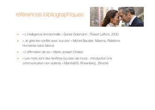 références bibliographiques


  « L’intelligence émotionnelle » Daniel Golemann , Robert Laffont, 2000
  « Je gère les conflits avec succès! » Michel Baudier, Maxima, Relations
  Humaines sans tabous
  « L’affirmation de soi » Marie Joseph Chalvin
  « Les mots sont des fenêtres (ou bien de murs) : introduction à la
  communication non violente » Marshall B. Rosenberg , Broché
 