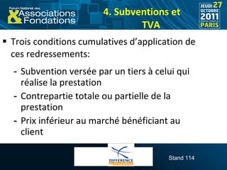 4. Subventions et TVA <ul><li>Trois conditions cumulatives d’application de ces redressements:  </li></ul><ul><ul><li>Subv...