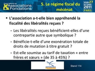 <ul><li>L’association a-t-elle bien appréhendé la fiscalité des libéralités reçues ? </li></ul><ul><ul><li>Les libéralités...