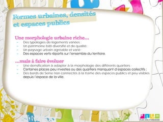 Une morphologie urbaine riche...
   Des typologies de logements variées ;
   Un patrimoine bâti diversifié et de qualité ;
   Un paysage urbain agréable et varié ;


...mais à faire évoluer
   Une densification à adapter à la morphologie des différents quartiers ;

   Des bords de Seine non connectés à la trame des espaces publics et peu visibles
 