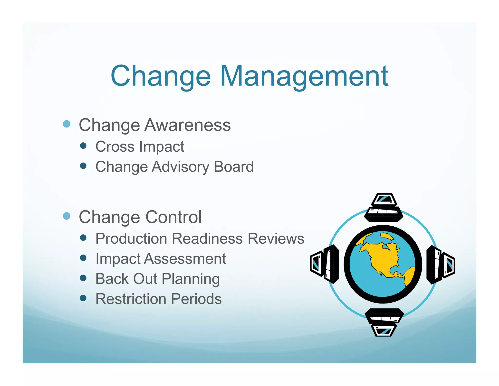 Change Management
Change Awareness
 Cross Impact
 Change Advisory Board


Change Control
 Production Readiness Reviews
 Impact Assessment
 Back Out Planning
 Restriction Periods
 