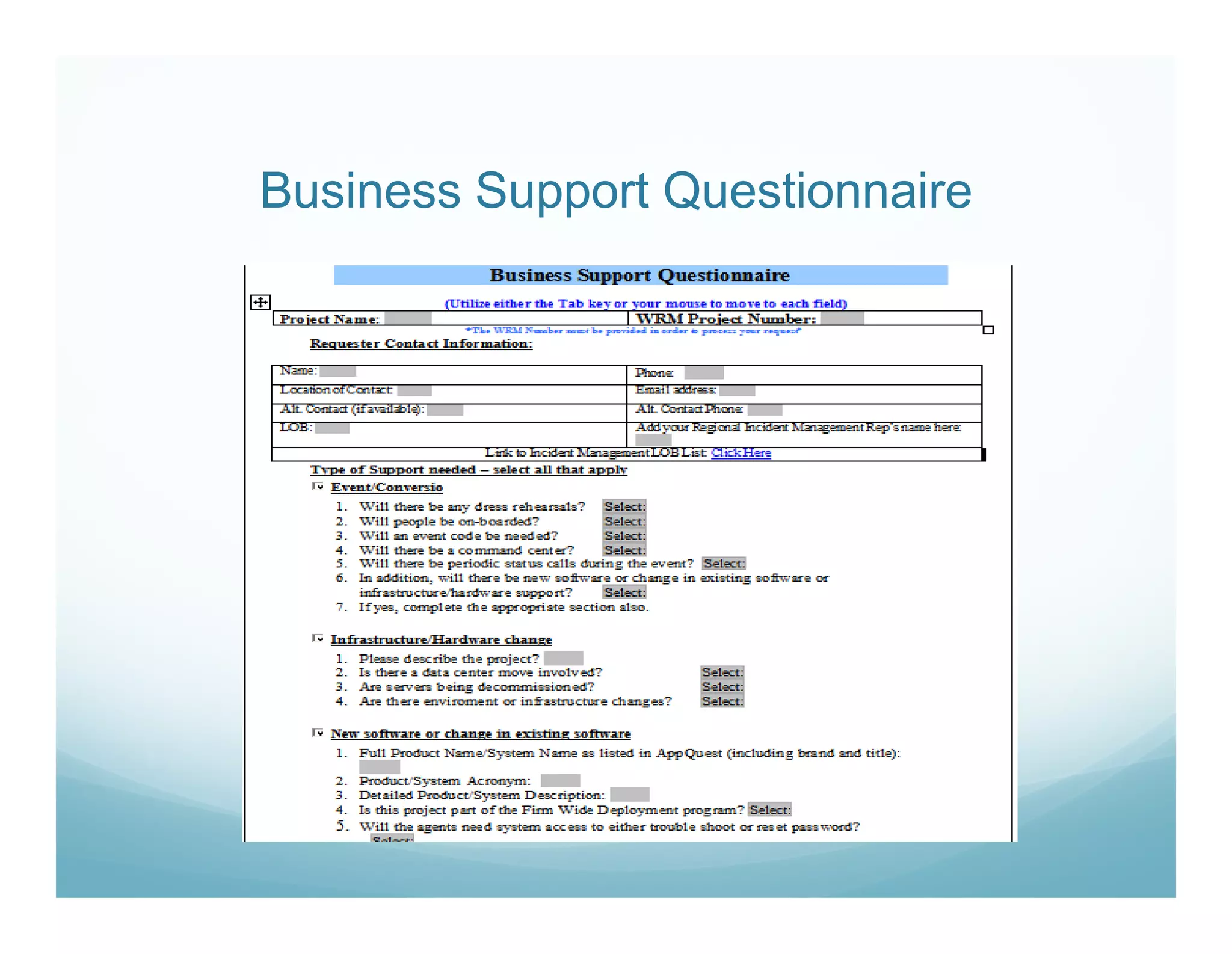 Business Support Questionnaire
 