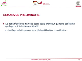 10
Présentation Bureau Veritas _ Date
REMARQUE PRELIMINAIRE
► Le débit massique d’air sec est la seule grandeur qui reste constante
quel que soit le traitement étudié:
 chauffage, refroidissement et/ou déshumidification, humidification.
 