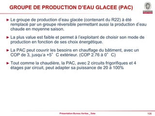 106
Présentation Bureau Veritas _ Date
GROUPE DE PRODUCTION D’EAU GLACEE (PAC)
► Le groupe de production d’eau glacée (contenant du R22) à été
remplacé par un groupe réversible permettant aussi la production d’eau
chaude en moyenne saison.
► La plus value est faible et permet à l’exploitant de choisir son mode de
production en fonction de ses choix énergétique.
► La PAC peut couvrir les besoins en chauffage du bâtiment, avec un
COP de 3, jusqu’a +5°C extérieur. (COP 2.76 à 0°C)
► Tout comme la chaudière, la PAC, avec 2 circuits frigorifiques et 4
étages par circuit, peut adapter sa puissance de 20 à 100%
 