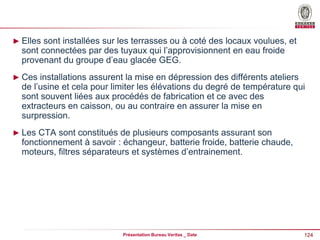 124
Présentation Bureau Veritas _ Date
► Elles sont installées sur les terrasses ou à coté des locaux voulues, et
sont connectées par des tuyaux qui l’approvisionnent en eau froide
provenant du groupe d’eau glacée GEG.
► Ces installations assurent la mise en dépression des différents ateliers
de l’usine et cela pour limiter les élévations du degré de température qui
sont souvent liées aux procédés de fabrication et ce avec des
extracteurs en caisson, ou au contraire en assurer la mise en
surpression.
► Les CTA sont constitués de plusieurs composants assurant son
fonctionnement à savoir : échangeur, batterie froide, batterie chaude,
moteurs, filtres séparateurs et systèmes d’entrainement.
 