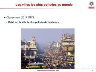 7
Présentation Bureau Veritas _ Date
Les villes les plus polluées au monde
► Classement 2014 OMS:
 Dehli est la ville la plus polluée de la planète.
 