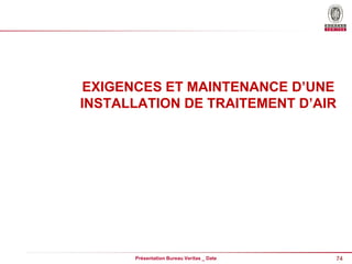 74
Présentation Bureau Veritas _ Date
EXIGENCES ET MAINTENANCE D’UNE
INSTALLATION DE TRAITEMENT D’AIR
 