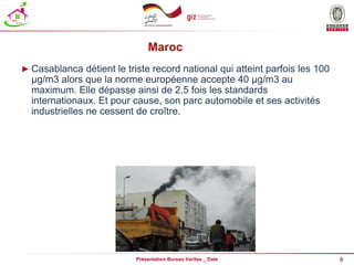 8
Présentation Bureau Veritas _ Date
Maroc
► Casablanca détient le triste record national qui atteint parfois les 100
μg/m3 alors que la norme européenne accepte 40 μg/m3 au
maximum. Elle dépasse ainsi de 2,5 fois les standards
internationaux. Et pour cause, son parc automobile et ses activités
industrielles ne cessent de croître.
 