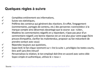 Quelques règles à suivre
Source : http://fr.slideshare.net/OTGourdon/creer-et-animer-sa-page-facebook-2016
 