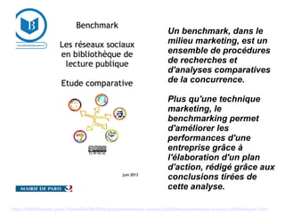 Source :
https://bibliotheques.paris.fr/userfiles/file/Bibliographies/reseaux-sociaux-bibliotheques/reseaux-sociaux-bibliotheques.html
Un benchmark, dans le
milieu marketing, est un
ensemble de procédures
de recherches et
d'analyses comparatives
de la concurrence.
Plus qu'une technique
marketing, le
benchmarking permet
d'améliorer les
performances d'une
entreprise grâce à
l'élaboration d'un plan
d'action, rédigé grâce aux
conclusions tirées de
cette analyse.
 