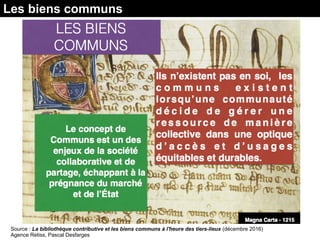 Les biens communs
Source : La bibliothèque contributive et les biens communs à l'heure des tiers-lieux (décembre 2016)
Agence Retiss, Pascal Desfarges
 