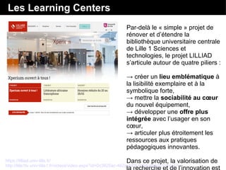 Les Learning Centers
Par-delà le « simple » projet de
rénover et d’étendre la
bibliothèque universitaire centrale
de Lille 1 Sciences et
technologies, le projet LILLIAD
s’articule autour de quatre piliers :
→ créer un lieu emblématique à
la lisibilité exemplaire et à la
symbolique forte,
→ mettre la sociabilité au cœur
du nouvel équipement,
→ développer une offre plus
intégrée avec l’usager en son
cœur,
→ articuler plus étroitement les
ressources aux pratiques
pédagogiques innovantes.
Dans ce projet, la valorisation de
la recherche et de l’innovation est
https://lilliad.univ-lille.fr/
http://lille1tv.univ-lille1.fr/videos/video.aspx?id=0c3825ac-462a-4d2f-91b5-aaa2a121cc47
 