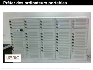 Présentation Construire et aménager une BU : repenser les espaces pour de nouveaux services / Myriam Gorsse
https://fr.slideshare.net/mgorsse/construire-et-amnager-une-bu-repenser-les-espaces-pour-de-nouveaux-services
Armoire intelligente pour la réservation des ordinateurs
portables
Prêter des ordinateurs portables
 