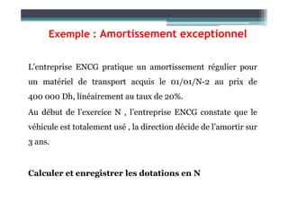 Exemple : Amortissement exceptionnel
L’entreprise ENCG pratique un amortissement régulier pour
un matériel de transport acquis le 01/01/N-2 au prix de
400 000 Dh, linéairement au taux de 20%.
Au début de l’exercice N , l’entreprise ENCG constate que le
véhicule est totalement usé , la direction décide de l’amortir sur
3 ans.
Calculer et enregistrer les dotations en N
 