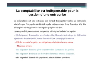 La comptabilité est indispensable pour la
gestion d’une entreprise
La comptabilité est une technique qui permet d’enregistrer toutes les opérations
réalisées par l’entreprise et d’établir après traitement des états financiers à la fois
utiles pour les dirigeants de l’entreprise que pour les tiers.
La comptabilité présente donc une grande utilité pour le chef d’entreprise:
- Elle lui permet de connaître ses résultats. Outil financier qui retrace les différentes
opérations de l’entreprise, en vue d’établir le CPC qui dégage le résultat.
- Elle lui permet d’acquitter ses obligations administratives ou autres.
Moyen de preuve.
- Elle lui permet de mieux gérer son entreprise. Instrument de gestion.
- Elle lui permet d’orienter ses choix: Instrument de prise de décisions.
- Elle
Elle lui
lui permet
permet de
de faire
faire des
des projections
projections.
. Instrument
Instrument de
de prévision
prévision.
.
 