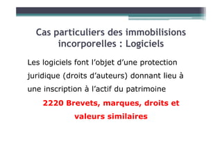 Les logiciels font l’objet d’une protection
juridique (droits d’auteurs) donnant lieu à
Cas particuliers des immobilisions
incorporelles : Logiciels
juridique (droits d’auteurs) donnant lieu à
une inscription à l’actif du patrimoine
2220 Brevets, marques, droits et
valeurs similaires
 