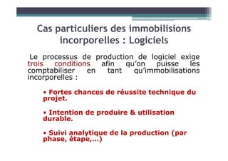 Le processus de production de logiciel exige
trois conditions afin qu’on puisse les
comptabiliser en tant qu’immobilisations
incorporelles :
Cas particuliers des immobilisions
incorporelles : Logiciels
incorporelles :
• Fortes chances de réussite technique du
projet.
• Intention de produire & utilisation
durable.
• Suivi analytique de la production (par
phase, étape,…)
 