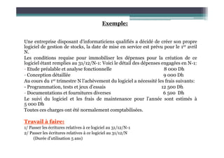 Exemple:
Une entreprise disposant d’informaticiens qualifiés a décidé de créer son propre
logiciel de gestion de stocks, la date de mise en service est prévu pour le 1er avril
N.
Les conditions requise pour immobiliser les dépenses pour la création de ce
logiciel étant remplies au 31/12/N-1: Voici le détail des dépenses engagées en N-1:
- Etude préalable et analyse fonctionnelle 8 000 Dh
- Conception détaillée 9 000 Dh
Au cours du 1er trimestre N l’achèvement du logiciel a nécessité les frais suivants:
Au cours du 1er trimestre N l’achèvement du logiciel a nécessité les frais suivants:
- Programmation, tests et jeux d’essais 12 500 Dh
- Documentations et fournitures diverses 6 500 Dh
Le suivi du logiciel et les frais de maintenance pour l’année sont estimés à
5 000 Dh
Toutes ces charges ont été normalement comptabilisées.
Travail à faire:
1/ Passer les écritures relatives à ce logiciel au 31/12/N-1
2/ Passer les écritures relatives à ce logiciel au 31/12/N
(Durée d’utilisation 5 ans)
 