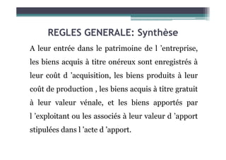 REGLES GENERALE: Synthèse
A leur entrée dans le patrimoine de l ’entreprise,
les biens acquis à titre onéreux sont enregistrés à
leur coût d ’acquisition, les biens produits à leur
coût de production , les biens acquis à titre gratuit
à leur valeur vénale, et les biens apportés par
l ’exploitant ou les associés à leur valeur d ’apport
stipulées dans l ’acte d ’apport.
 