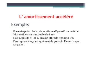 Exemple:
Une entreprise choisit d’amortir en dégressif un matériel
L’ amortissement accéléré
Une entreprise choisit d’amortir en dégressif un matériel
informatique sur une durée de 6 ans.
Il est acquis le 01-01-N au coût (HT) de 120 000 Dh.
L’entreprise a reçu un agrément de pouvoir l’amortir que
sur 3 ans .
 