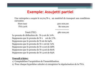 Exemple: Assujetti partiel
Une entreprise a acquis le 01/01/N-1, un matériel de transport aux conditions
suivantes:
Hors taxe 400 000,00
TVA 20% 80 000,00
-----------------
Total (TTC) 480 000,00
Le prorata de déduction de: N-2 est de 70%.
Le prorata de déduction de: N-2 est de 70%.
Supposons que le prorata de N-1 est de 77%.
Supposons que le prorata de N est de 64%.
Supposons que le prorata de N+1 est de 72%
Supposons que le prorata de N+2 est de 68%
Supposons que le prorata de N+3 est de 80%
Supposons que le prorata de N+4 est de 83%
Travail à faire:
1/ Comptabiliser l’acquisition de l’immobilisation.
2/ Pour chaque hypothèse calculer et enregistrer la régularisation de la TVA.
 