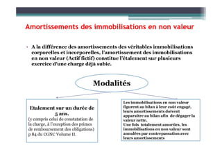 Amortissements des immobilisations en non valeur
• A la différence des amortissements des véritables immobilisations
corporelles et incorporelles, l’amortissement des immobilisations
en non valeur (Actif fictif) constitue l’étalement sur plusieurs
exercice d’une charge déjà subie.
Modalités
Etalement sur un durée de
5 ans.
(y compris celui de constatation de
la charge, à l’exception des primes
de remboursement des obligations)
p 84 du CGNC Volume II.
Les immobilisations en non valeur
figurent au bilan à leur coût engagé,
leurs amortissements doivent
apparaître au bilan afin de dégager la
valeur nette.
Une fois totalement amorties, les
immobilisations en non valeur sont
annulées par contrepassation avec
leurs amortissements
 