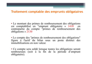 • Le montant des primes de remboursement des obligations
est comptabilisé en "emprunt obligataire » 1410 en
contrepartie du compte "primes de remboursement des
obligations » 2130
Traitement comptable des emprunts obligataires
obligations » 2130
• Le compte des "primes de remboursement des obligations"
figure à l'actif du bilan sous un poste distinct des
immobilisations en non valeur.
• Ce compte sera soldé lorsque toutes les obligations seront
remboursées (soit à la fin de la période d’emprunt
obligataire).
 