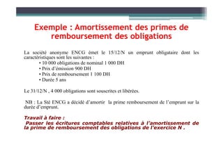 La société anonyme ENCG émet le 15/12/N un emprunt obligataire dont les
caractéristiques sont les suivantes :
• 10 000 obligations de nominal 1 000 DH
• Prix d’émission 900 DH
• Prix de remboursement 1 100 DH
• Durée 5 ans
Exemple : Amortissement des primes de
remboursement des obligations
• Durée 5 ans
Le 31/12/N , 4 000 obligations sont souscrites et libérées.
NB : La Sté ENCG a décidé d’amortir la prime remboursement de l’emprunt sur la
durée d’emprunt.
Travail à faire :
Passer les écritures comptables relatives à l’amortissement de
la prime de remboursement des obligations de l’exercice N .
 