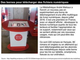 Des bornes pour télécharger des fichiers numériques
La Médiathèque André Malraux a
franchi un nouveau pas en
expérimentant une borne de
téléchargement d’une offre multilingue
de livres numériques, depuis juillet
2016. C’est une première en France,
avec un objectif affiché : développer la
lecture numérique auprès de tous les
lecteurs et faciliter l’appropriation de
ce support, notamment par ceux qui
se sentent attirés par ces nouveaux
usages, mais qui ont peut-être des
réticences.
Ce sont 220 romans en français, 80
romans en anglais ou en allemand qui
sont téléchargeables par les abonnés
des médiathèques depuis cette borne
pour les lire sur tablette, smartphone,
liseuse ou sur ordinateur.
Source : https://lappliblog.wordpress.com/2017/01/26/telechargez-des-livres-numeriques-grace-a-la-borne-lpplibooks-des-mediathequ
 