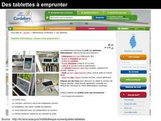 Des tablettes à emprunter
Source : http://4c-lons.ecla-jura.fr/bibliotheque-numerique/les-tablettes
 