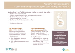 Cliquez  et  modiﬁez  le  .tre  
Acquérir  votre  exemplaire    
«  benchmark  de  pra.ques  agiles  dans  les  organisa.ons  »  
Un  benchmark  sur  l’agilité  pour  vous  inspirer  et  devenir  plus  agiles  :  
•  Agilité  :  de  quoi  parle-­‐t-­‐on  ?  
•  Quelles  sont  les  tendances  des  entreprises  dites  «  agiles  »  ?  
•  Quels  bénéﬁces  en  .rent-­‐elles  ?  
•  Pourquoi  ça  marche...  ou  pas  ?  
•  Quelles  sont  les  limites  de  ces  démarches  ?  
•  Et  très  concrètement  :     
Des  ﬁches  «  pra.ques  
agiles  »  (vision  et  culture,  
simpliﬁca.on,  gouvernance,  
autonomie,  ges.on  de  projet,  
développement  des  carrières,  
recrutement…)  
ü  Des  illustra.ons  concrètes  
d’entreprises  
ü  Des  trucs  et  astuces  pour  vous  
lancer     
Des  ﬁches    «  entreprises  
agiles  »  tous  secteurs  (Kiabi,  
Spo.fy,  Décathlon,  Poult,  Syd  
Conseil,  Sogilis,  Clinique  
Pasteur,  AS,  Harley-­‐Davidson…)  
ü  L’agilité  de  ces  
organisa.ons  en  termes  de  
stratégie,  d’organisa.on,  de  
management,  RH,  
communica.on,  innova.on,  
espaces  de  travail  
Le  benchmark    
est  au    
tarif  promo0onnel    
de  180€  TTC    
jusqu’à  ﬁn  novembre.  
Pour  l’acquérir  :  
claireamelie.peton@wefeel-­‐
consul0ng.com  
 