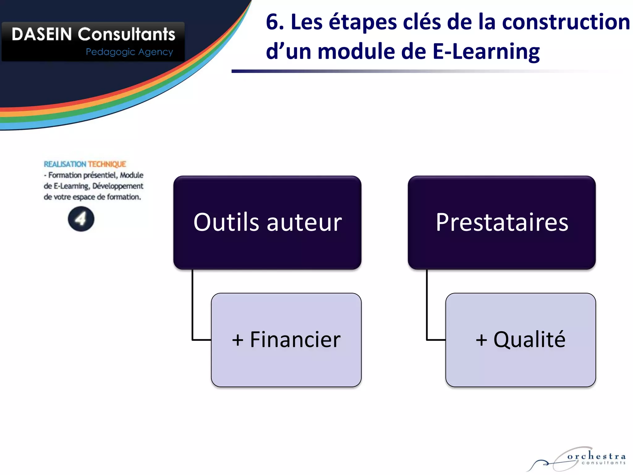 6. Les étapes clés de la construction
      d’un module de E-Learning




Outils auteur          Prestataires



   + Financier             + Qualité
 