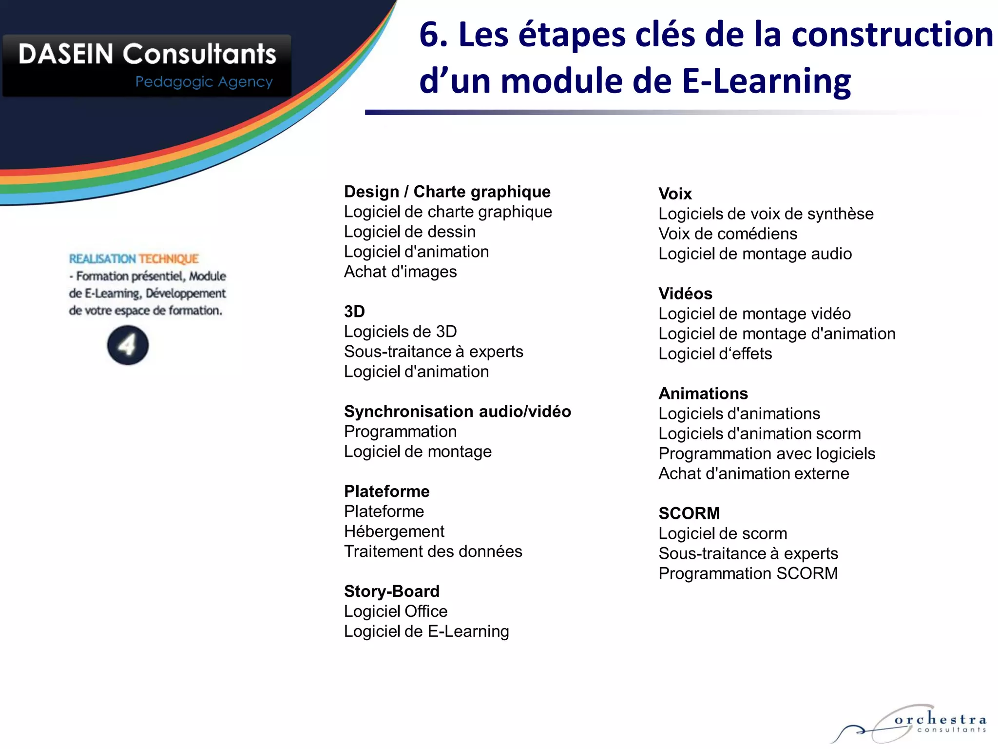 6. Les étapes clés de la construction
          d’un module de E-Learning

Design / Charte graphique      Voix
Logiciel de charte graphique   Logiciels de voix de synthèse
Logiciel de dessin             Voix de comédiens
Logiciel d'animation           Logiciel de montage audio
Achat d'images
                               Vidéos
3D                             Logiciel de montage vidéo
Logiciels de 3D                Logiciel de montage d'animation
Sous-traitance à experts       Logiciel d‘effets
Logiciel d'animation
                               Animations
Synchronisation audio/vidéo    Logiciels d'animations
Programmation                  Logiciels d'animation scorm
Logiciel de montage            Programmation avec logiciels
                               Achat d'animation externe
Plateforme
Plateforme                     SCORM
Hébergement                    Logiciel de scorm
Traitement des données         Sous-traitance à experts
                               Programmation SCORM
Story-Board
Logiciel Office
Logiciel de E-Learning
 