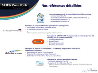 Nos références détaillées

                                       Conception de parcours de formation (présentiel et E-Learning) pour :
                                       - Les nouveaux embauchés
                                       - Les évolutions réglementaires (PTZ+, lutte anti-blanchiment, ...)
                                       - Le management (Monitorat, …)
                                       - Le développement commercial …

Conception de parcours de formation (présentiel et E-Learning) pour :
- Les nouveaux embauchés en contrôle de gestion
- Le pilotage économique du groupe
- …
   Modules déployés également en anglais pour l’international

                                   Conception de SERIOUS GAME et de parcours de formation (présentiel et E-
                                   Learning) pour les contrôleurs financiers :
                                   - La trésorerie du groupe
                                   - La planification
                                   - Les cautions et garanties
                                   - Prévisions de trésorerie
                                   - …
Conception du dispositif de formation 2012 sur le Pilotage des prestations externalisées
(présentiel et E-Learning) :
- Appropriation du marché d’externalisation
- Traduction financière du marché et flux associés
- Gestion domaniale et maîtrise des risques propriétaires

                                     Conception de parcours de formation E-learning :
                                     -Protocole de fabrication d’un PUL
                                     -Simulation 3D de la fabrication d’un PUL
                                        Modules déployés également en anglais, allemand, espagnol et italien pour
                                        l’international
 