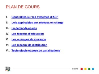 PLAN DE COURS
I. Généralités sur les systèmes d’AEP
II. Lois applicables aux réseaux en charge
III. La demande en eau
IV. Les réseaux d’adduction
V. Les ouvrages de stockage
VI. Les réseaux de distribution
VII. Technologie et pose de canalisations
21.04.15 3
 