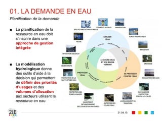 01. LA DEMANDE EN EAU
■ La planification de la
ressource en eau doit
s’inscrire dans une
approche de gestion
intégrée
■ La modélisation
hydrologique donne
des outils d’aide à la
décision qui permettent
de définir des priorités
d’usages et des
volumes d’allocation
aux secteurs utilisant la
ressource en eau
21.04.15
Planification de la demande
32
 