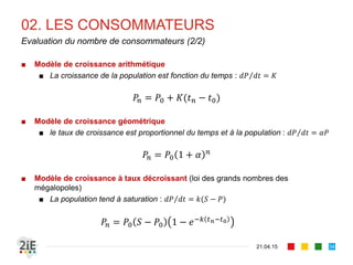 02. LES CONSOMMATEURS
■ Modèle de croissance arithmétique
■ La croissance de la population est fonction du temps : 𝑑𝑃 𝑑𝑡 = 𝐾
𝑃𝑛 = 𝑃0 + 𝐾(𝑡 𝑛 − 𝑡0)
■ Modèle de croissance géométrique
■ le taux de croissance est proportionnel du temps et à la population : 𝑑𝑃 𝑑𝑡 = 𝛼𝑃
𝑃𝑛 = 𝑃0 1 + 𝛼 𝑛
■ Modèle de croissance à taux décroissant (loi des grands nombres des
mégalopoles)
■ La population tend à saturation : 𝑑𝑃 𝑑𝑡 = 𝑘(𝑆 − 𝑃)
𝑃𝑛 = 𝑃0 𝑆 − 𝑃0 1 − 𝑒−𝑘 𝑡 𝑛−𝑡0
21.04.15
Evaluation du nombre de consommateurs (2/2)
34
 