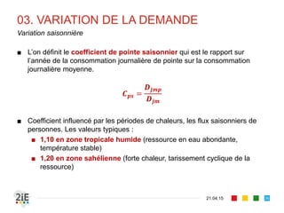 03. VARIATION DE LA DEMANDE
■ L’on définit le coefficient de pointe saisonnier qui est le rapport sur
l’année de la consommation journalière de pointe sur la consommation
journalière moyenne.
𝑪 𝒑𝒔 =
𝑫𝒋𝒎𝒑
𝑫𝒋𝒎
■ Coefficient influencé par les périodes de chaleurs, les flux saisonniers de
personnes. Les valeurs typiques :
■ 1,10 en zone tropicale humide (ressource en eau abondante,
température stable)
■ 1,20 en zone sahélienne (forte chaleur, tarissement cyclique de la
ressource)
21.04.15
Variation saisonnière
36
 