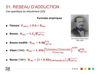 01. RESEAU D’ADDUCTION
Formules empiriques
■ Flamant : 𝑽(𝒎/𝒔) ≤ 𝟎, 𝟔 + 𝑫(𝒎)
■ Bresse : 𝑫(𝒎) = 𝟏, 𝟓 𝑸( 𝒎 𝟑 𝒔)
■ Bresse modifié : 𝑫(𝒎) = 𝟎, 𝟖𝑸(𝒎 𝟑/𝒔)
𝟏 𝟑
■ Vibert (1948) : 𝑫(𝒎) = 𝟏, 𝟒𝟓𝟔
𝒏(𝒏𝒃 𝒉 𝒑𝒐𝒎𝒑./𝒋) 𝒆(𝒇𝒓𝒂𝒏𝒄𝒔/𝒌𝒘𝒉)
𝒇(𝒇𝒓𝒂𝒏𝒄𝒔/𝒌𝒈)
𝟎,𝟏𝟓𝟒
𝑸(𝒎 𝟑/𝒔)
𝟎,𝟒𝟔
■ Munier (1961) : 𝑫(𝒎) = 𝟏 + 𝟎, 𝟎𝟐𝒏(𝒏𝒃 𝒉 𝒑𝒐𝒎𝒑./𝒋) 𝑸(𝒎 𝟑/𝒔)
21.04.15
Cas spécifique du refoulement (3/3)
50
Jean Antoine Charles Bresse
(1822-1883)
 