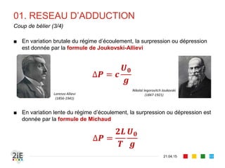 01. RESEAU D’ADDUCTION
■ En variation brutale du régime d’écoulement, la surpression ou dépression
est donnée par la formule de Joukovski-Allievi
■ En variation lente du régime d’écoulement, la surpression ou dépression est
donnée par la formule de Michaud
21.04.15
Coup de bélier (3/4)
53
Nikolaï Iegorovitch Joukovski
(1847-1921)Lorenzo Allievi
(1856-1941)
∆𝑷 = 𝒄
𝑼 𝟎
𝒈
∆𝑷 =
𝟐𝑳
𝑻
𝑼 𝟎
𝒈
 