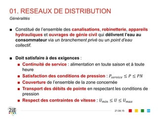01. RESEAUX DE DISTRIBUTION
■ Constitué de l’ensemble des canalisations, robinetterie, appareils
hydrauliques et ouvrages de génie civil qui délivrent l’eau au
consommateur via un branchement privé ou un point d’eau
collectif.
■ Doit satisfaire à des exigences :
■ Continuité de service : alimentation en toute saison et à toute
heure
■ Satisfaction des conditions de pression : 𝑃𝑠𝑒𝑟𝑣𝑖𝑐𝑒 ≤ 𝑃 ≤ 𝑃𝑁
■ Couverture de l’ensemble de la zone concernée
■ Transport des débits de pointe en respectant les conditions de
pression
■ Respect des contraintes de vitesse : 𝑈 𝑚𝑖𝑛 ≤ 𝑈 ≤ 𝑈 𝑚𝑎𝑥
21.04.15
Généralités
69
 