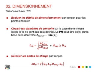 02. DIMENSIONNEMENT
21.04.15
Calcul amont-aval (1/2)
■ Evaluer les débits de dimensionnement par tronçon pour les
pointes horaires
■ Choisir les diamètres de conduite sur la base d’une vitesse
idéale (s’ils ne sont pas déjà définis). Le PN peut être défini sur la
base de la dénivelée 𝒁 𝒓𝒂𝒅𝒊𝒆𝒓 − 𝐦𝐢𝐧 𝒁𝒊 .
𝑫 𝒕𝒉 =
𝟒𝑸 𝒅𝒊𝒎
𝝅𝑼𝒊𝒅𝒆𝒂𝒍
𝑒𝑡 𝑫 𝒔𝒕𝒅 ≥ 𝑫 𝒕𝒉
■ Calculer les pertes de charge par tronçon
∆𝑯𝒊𝒋 = 𝒇 𝑸𝒊𝒋, 𝑳𝒊𝒋, 𝑫 𝒔𝒕𝒅 𝒊𝒋
, 𝒌𝒊𝒋
75
 