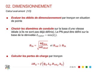 02. DIMENSIONNEMENT
21.04.15
Calcul aval-amont (1/3)
■ Evaluer les débits de dimensionnement par tronçon en situation
de pointe
■ Choisir les diamètres de conduite sur la base d’une vitesse
idéale (s’ils ne sont pas déjà définis). Le PN peut être défini sur la
base de la dénivelée 𝑍 𝑟𝑎𝑑𝑖𝑒𝑟 − min 𝑍𝑖 .
𝑫 𝒕𝒉 =
𝟒𝑸 𝒅𝒊𝒎
𝝅𝑼𝒊𝒅𝒆𝒂𝒍
𝑒𝑡 𝑫 𝒔𝒕𝒅 ≥ 𝑫 𝒕𝒉
■ Calculer les pertes de charge par tronçon
∆𝑯𝒊𝒋 = 𝒇 𝑸𝒊𝒋, 𝑳𝒊𝒋, 𝑫 𝒔𝒕𝒅 𝒊𝒋
, 𝒌𝒊𝒋
77
 
