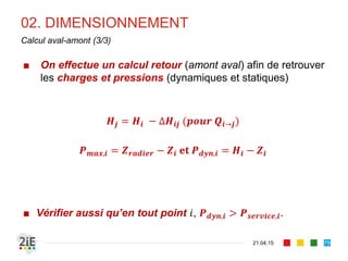 02. DIMENSIONNEMENT
21.04.15
Calcul aval-amont (3/3)
■ On effectue un calcul retour (amont aval) afin de retrouver
les charges et pressions (dynamiques et statiques)
𝑯𝒋 = 𝑯𝒊 − ∆𝑯𝒊𝒋 (𝒑𝒐𝒖𝒓 𝑸𝒊→𝒋)
𝑷 𝒎𝒂𝒙,𝒊 = 𝒁 𝒓𝒂𝒅𝒊𝒆𝒓 − 𝒁𝒊 𝐞𝐭 𝑷 𝒅𝒚𝒏,𝒊 = 𝑯𝒊 − 𝒁𝒊
■ Vérifier aussi qu’en tout point 𝑖, 𝑷 𝒅𝒚𝒏,𝒊 > 𝑷 𝒔𝒆𝒓𝒗𝒊𝒄𝒆,𝒊.
79
 